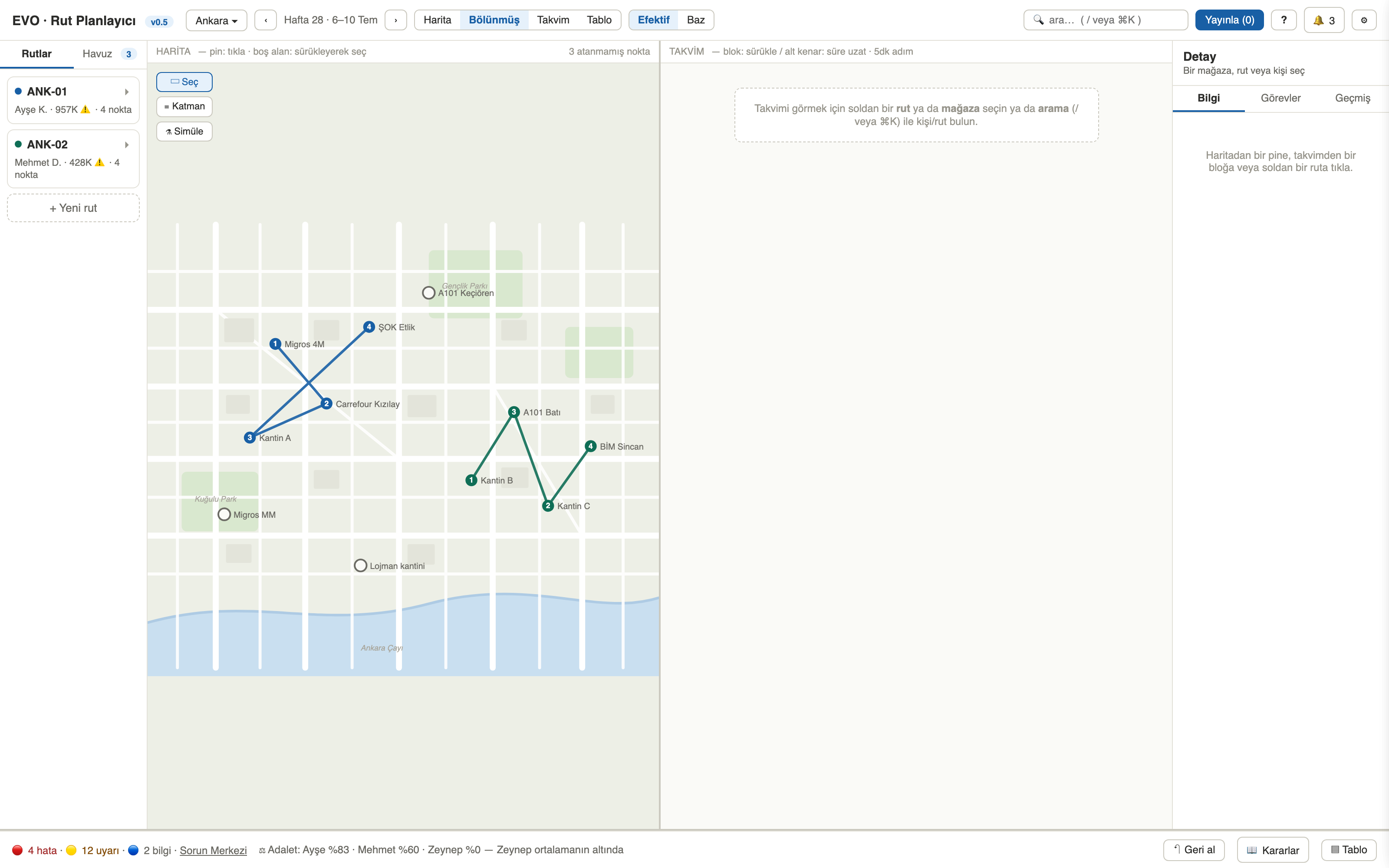 The planner workspace: routes on the left, two routes drawn across a city map, week navigation, and the effective-versus-baseline toggle