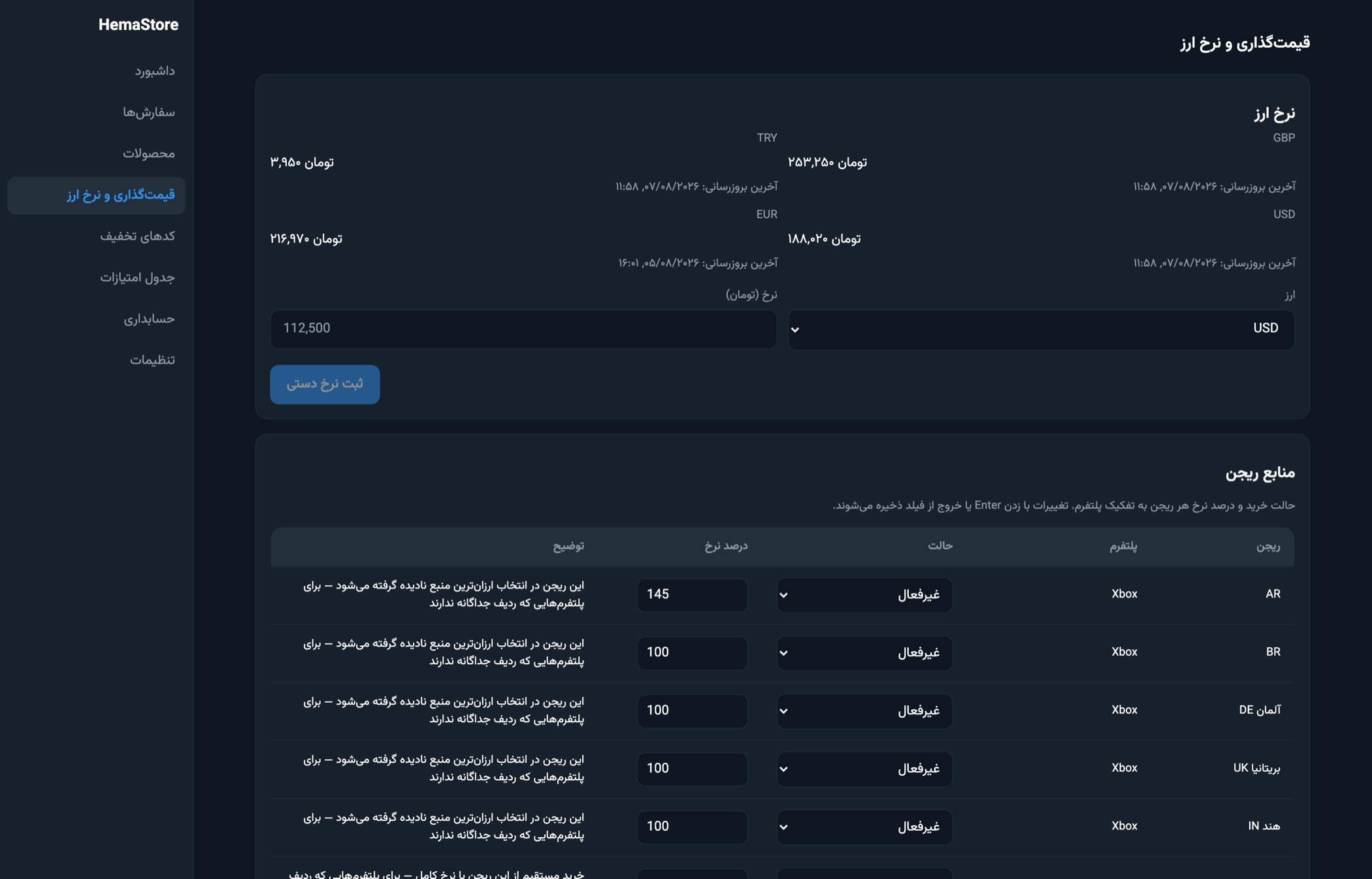 The admin pricing screen: exchange rates for USD, EUR, GBP and TRY in Toman with fetch timestamps and a manual override, above a per-region source table setting each region's buying mode and rate percentage