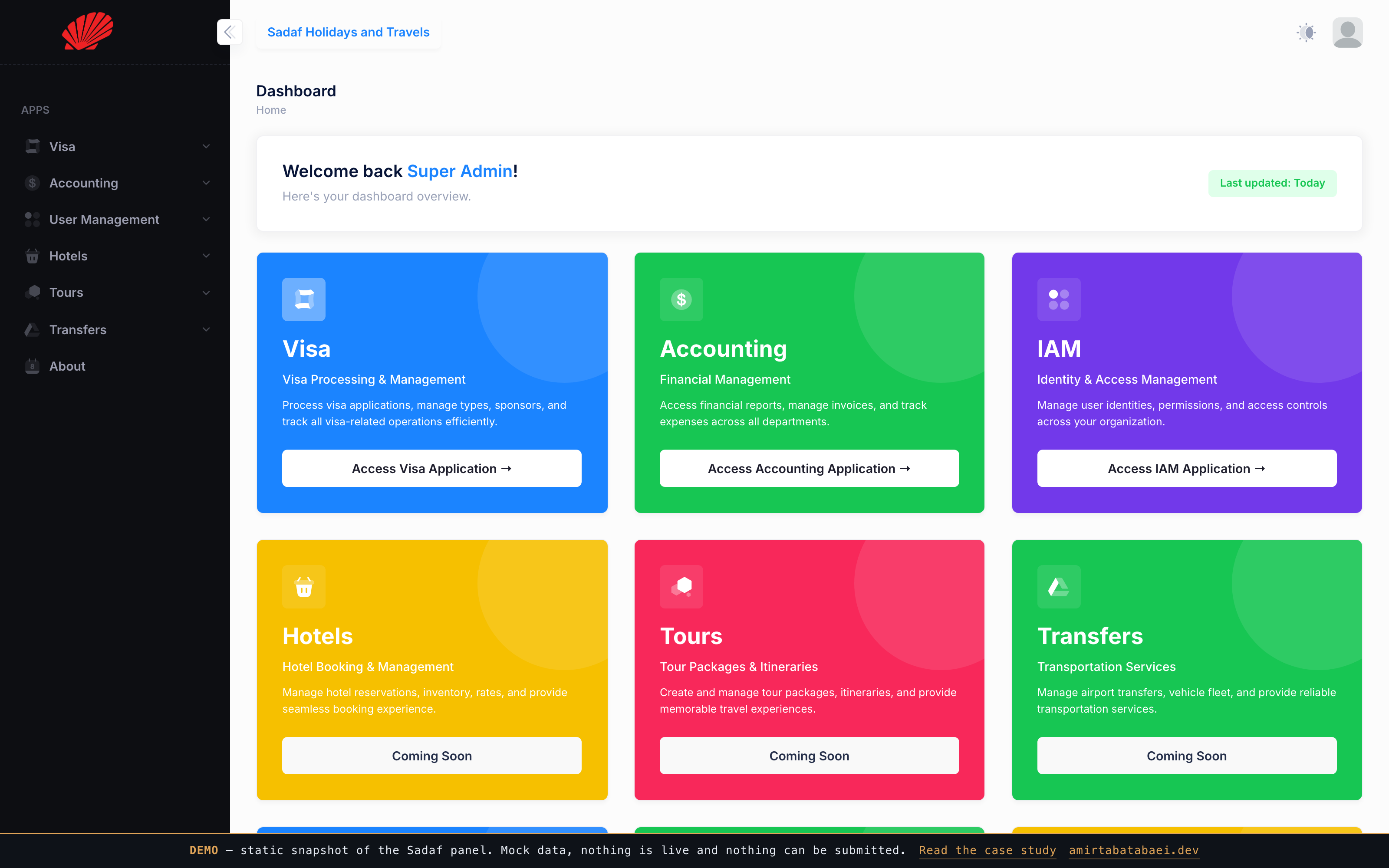 The agency dashboard: a module launcher where Visa, Accounting and identity management are available and other modules are greyed out, which is the subscription tier deciding what this agency can open